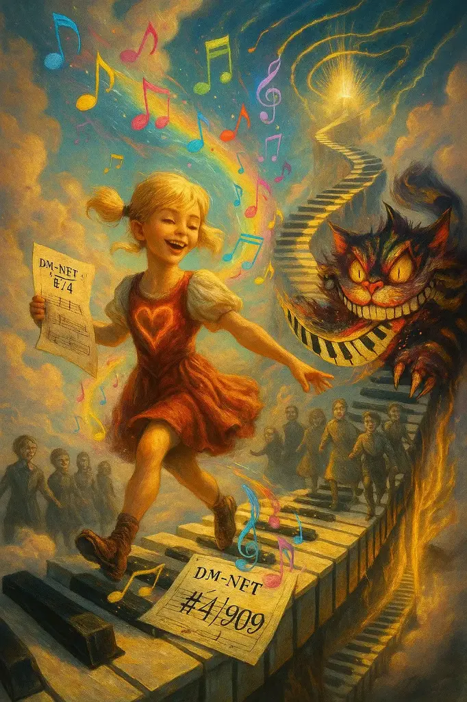Alice is Back: DM-NFT #4 of 909 (111€ Incl.) Deze voorverkoop omvat 12 DM-NFT's — elk met een eigen waarde, prijs en symboliek.  Elke van deze 12 DM-NFT’s vertegenwoordigt ongeveer 0,11% (1/909e) van de totale rechten.